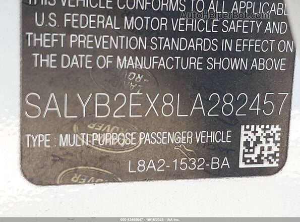 SALYB2EX8LA282457 2020 LAND ROVER RANGE ROVER VELAR White ძრავის განყოფილების ხედი