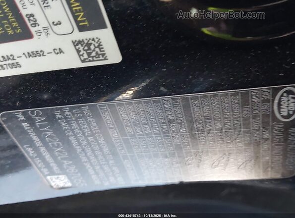 SALYK2EX2LA287055 2020 LAND ROVER RANGE ROVER VELAR Black Вид підкапотного простору