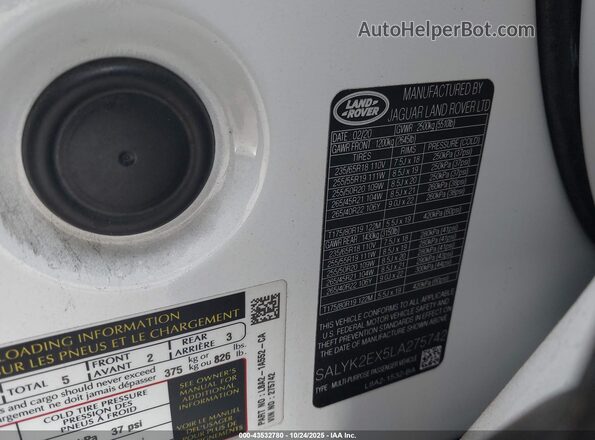 SALYK2EX5LA275742 2020 LAND ROVER RANGE ROVER VELAR White Vista del compartimento del motor