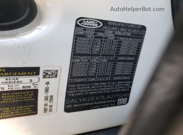 SALYK2EX7LA275046 2020 LAND ROVER RANGE White Widok naklejki z numerem VIN