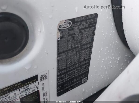 SALYK2EX8LA243321 2020 LAND ROVER RANGE ROVER VELAR White ძრავის განყოფილების ხედი
