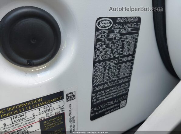 SALYK2EX8LA272740 2020 LAND ROVER RANGE ROVER VELAR White Շարժիչի բաժամունքի տեսք