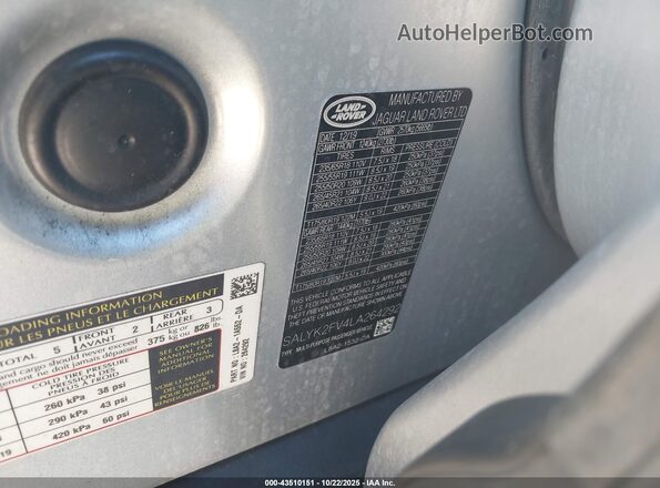 SALYK2FV4LA264292 2020 LAND ROVER RANGE ROVER VELAR Silver ძრავის განყოფილების ხედი