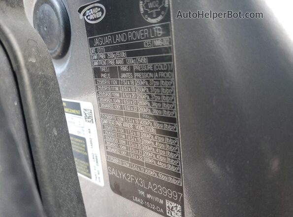 SALYK2FX3LA239997 2020 LAND ROVER RANGE Gray Вид наклейки з VIN-кодом