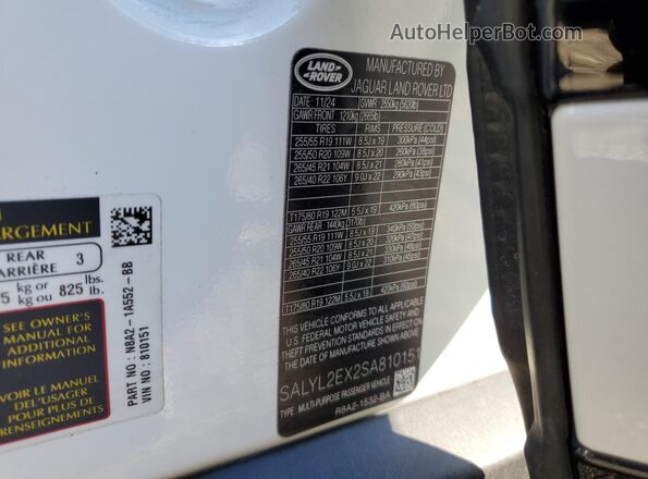 SALYL2EX2SA810151 2025 LAND ROVER RANGE White VIN კოდის სტიკერის ხედი