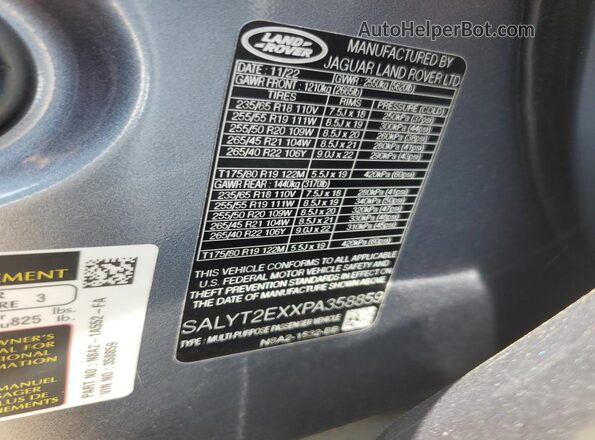 SALYT2EXXPA358859 2023 LAND ROVER RANGE Синий Вид наклейки с VIN-кодом