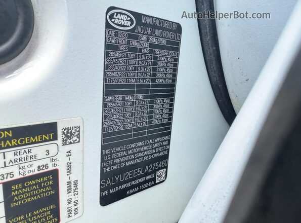 SALYU2EE5LA275460 2020 LAND ROVER RANGE White Widok wnętrza 360 stopni