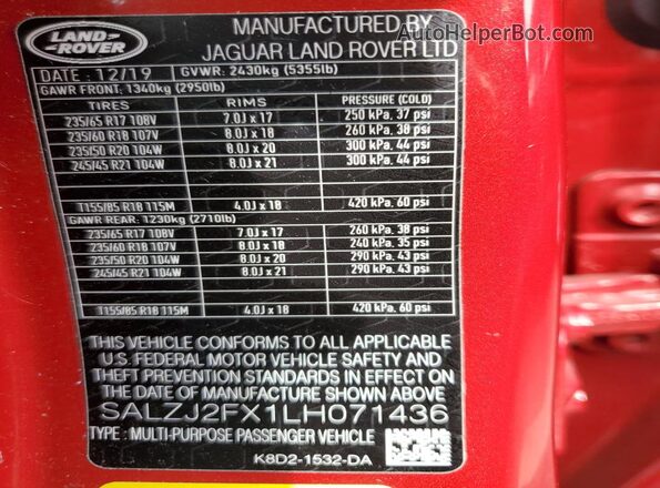 SALZJ2FX1LH071436 2020 LAND ROVER RANGE Red Вид підкапотного простору
