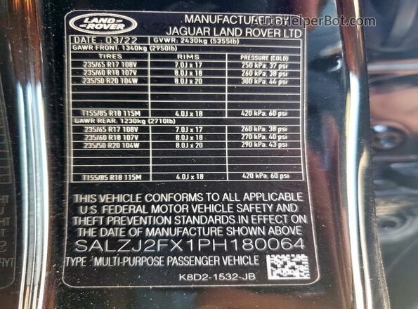 SALZJ2FX1PH180064 2023 LAND ROVER RANGE Black VIN კოდის სტიკერის ხედი