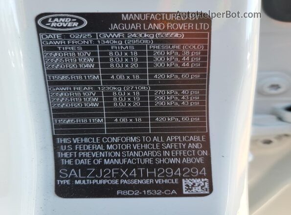 SALZJ2FX4TH294294 2026 LAND ROVER RANGE White Панорамний вид салону 360°