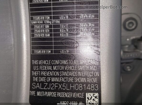 SALZJ2FX5LH081483 2020 LAND ROVER RANGE ROVER EVOQUE Gray Вид підкапотного простору