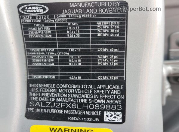 SALZJ2FX6LH089883 2020 LAND ROVER RANGE Silver Շարժիչի բաժամունքի տեսք