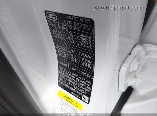 SALZJ2FX7LH060411 2020 LAND ROVER RANGE ROVER EVOQUE White Вид підкапотного простору
