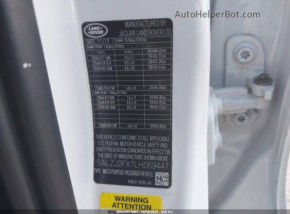 SALZJ2FX7LH069447 2020 LAND ROVER RANGE ROVER EVOQUE White Engine compartment view