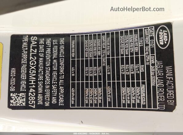 SALZJ2FX7LH081159 2020 LAND ROVER RANGE ROVER EVOQUE White Vista del compartimento del motor