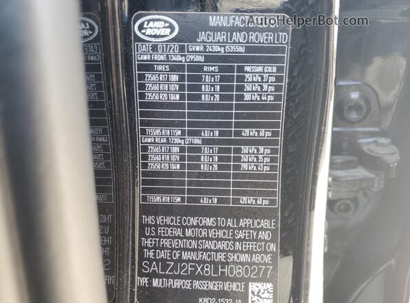 SALZJ2FX8LH080277 2020 LAND ROVER RANGE Black Вид наклейки з VIN-кодом