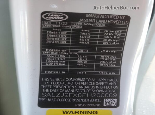 SALZJ2FX8PH206689 2023 LAND ROVER RANGE Белый Вид наклейки с VIN-кодом