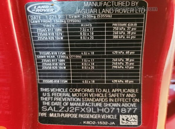 SALZJ2FX9LH071877 2020 LAND ROVER RANGE Red Vista de la etiqueta del VIN