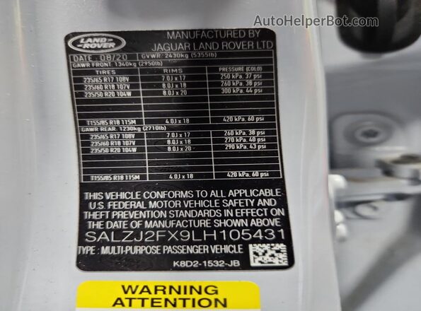 SALZJ2FX9LH105431 2020 LAND ROVER RANGE Белый Вид наклейки с VIN-кодом