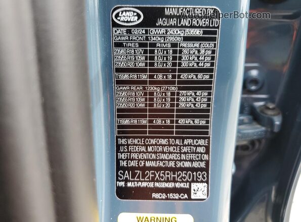 SALZL2FX5RH250193 2024 LAND ROVER RANGE Blue Widok naklejki z numerem VIN