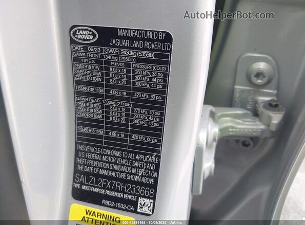 SALZL2FX7RH233668 2024 LAND ROVER RANGE ROVER EVOQUE Silver ძრავის განყოფილების ხედი