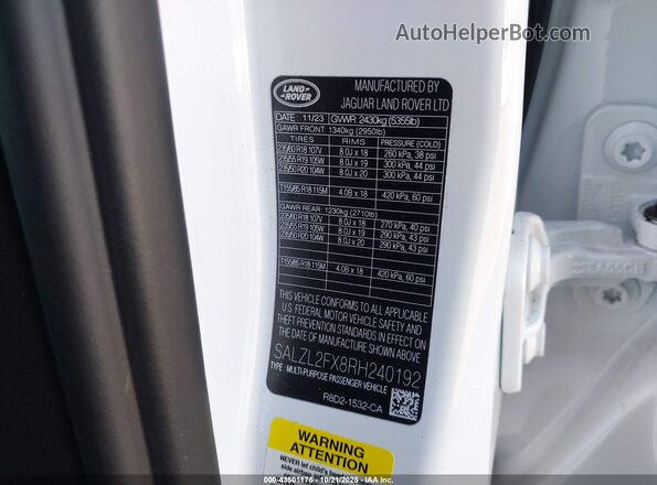 SALZL2FX8RH240192 2024 LAND ROVER RANGE ROVER EVOQUE White Вид підкапотного простору