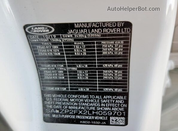 SALZP2FX2LH059701 2020 LAND ROVER RANGE White VIN sticker view