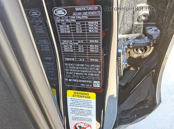 SALZP2FX3LH078175 2020 LAND ROVER RANGE Black Vista de la etiqueta del VIN