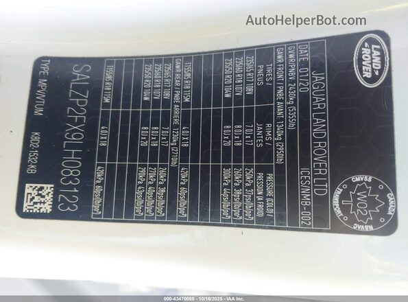 SALZP2FX9LH083123 2020 LAND ROVER RANGE ROVER EVOQUE White Вид підкапотного простору