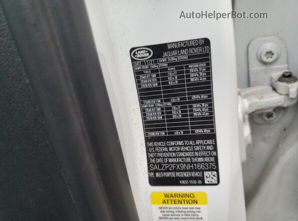 SALZP2FX9NH166375 2022 LAND ROVER RANGE White 