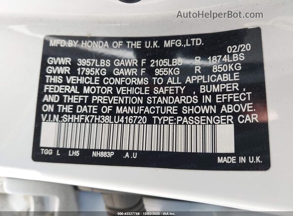SHHFK7H38LU416720 2020 HONDA CIVIC White Շարժիչի բաժամունքի տեսք