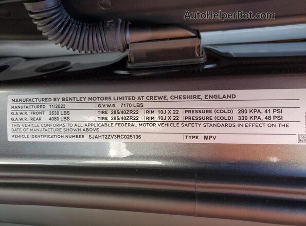 SJAHT2ZV3RC025136 2024 BENTLEY BENTAYGA Gray VIN sticker view