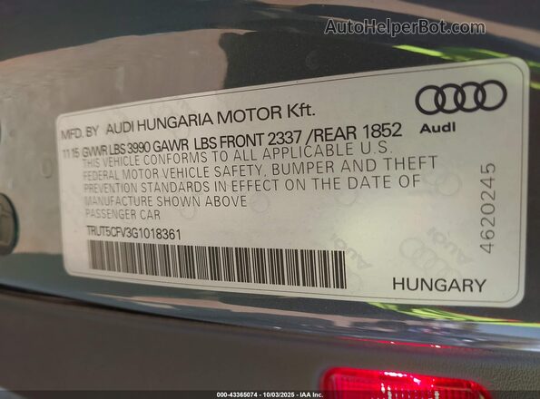 TRUT5CFV3G1018361 2016 AUDI TT Gray Вид підкапотного простору