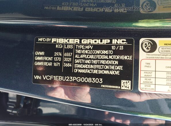 VCF1EBU23PG008303 2023 FISKER OCEAN Blue Вид підкапотного простору
