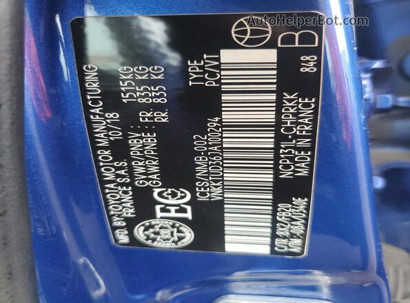 VNKKTUD36JA100294 2018 TOYOTA YARIS Синий 