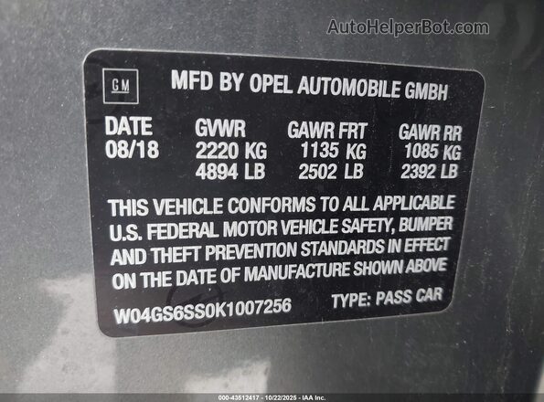 W04GS6SS0K1007256 2019 BUICK REGAL Gray Շարժիչի բաժամունքի տեսք