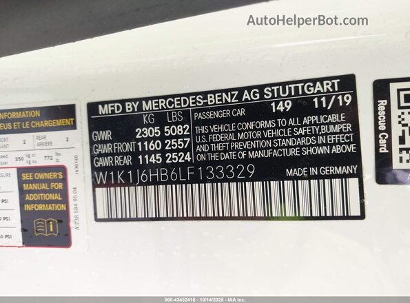 W1K1J6HB6LF133329 2020 MERCEDES-BENZ E-CLASS White 