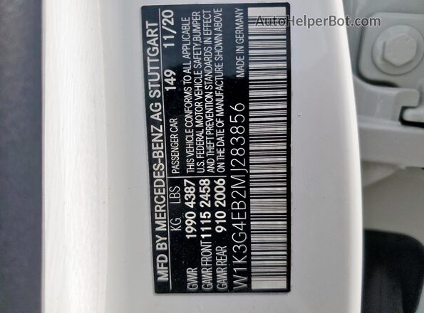 W1K3G4EB2MJ283856 2021 MERCEDES-BENZ A White Widok naklejki z numerem VIN