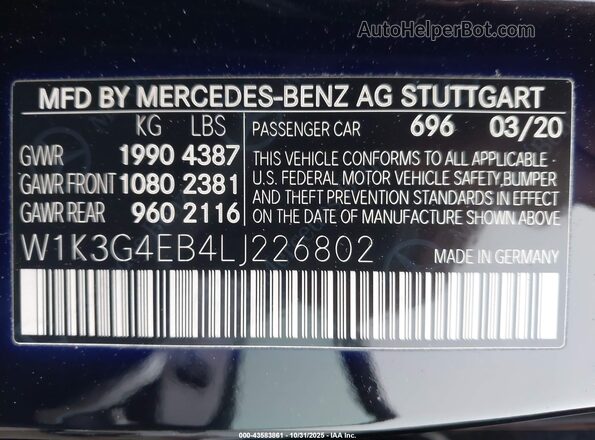 W1K3G4EB4LJ226802 2020 MERCEDES-BENZ A 220 Black Շարժիչի բաժամունքի տեսք