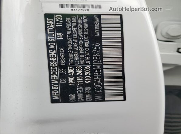 W1K3G4EB6MJ288266 2021 MERCEDES-BENZ A White Vista de la etiqueta del VIN