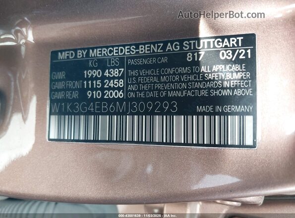 W1K3G4EB6MJ309293 2021 MERCEDES-BENZ A 220 Brown Вид підкапотного простору