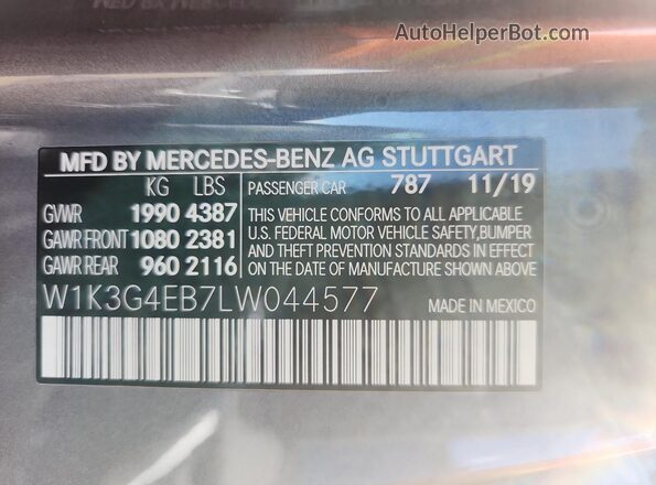 W1K3G4EB7LW044577 2020 MERCEDES-BENZ A Gray Вид підкапотного простору