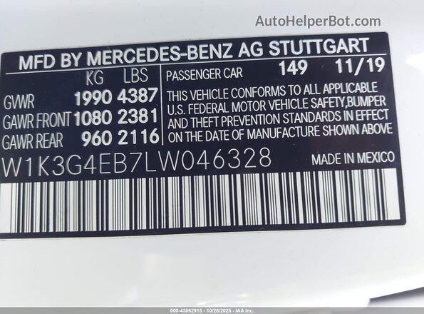 W1K3G4EB7LW046328 2020 MERCEDES-BENZ A 220 White 
