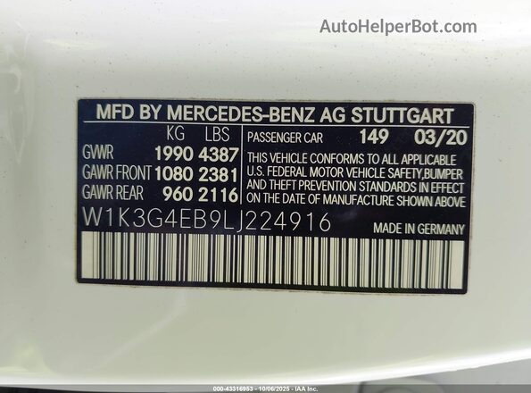 W1K3G4EB9LJ224916 2020 MERCEDES-BENZ A 220 White Widok komory silnika