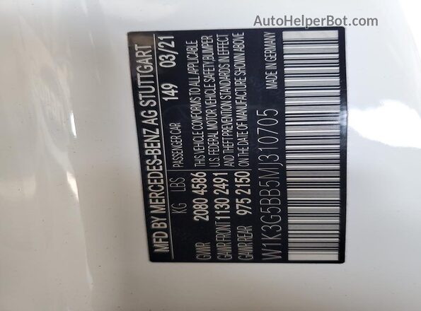 W1K3G5BB5MJ310705 2021 MERCEDES-BENZ A White Vista de la etiqueta del VIN