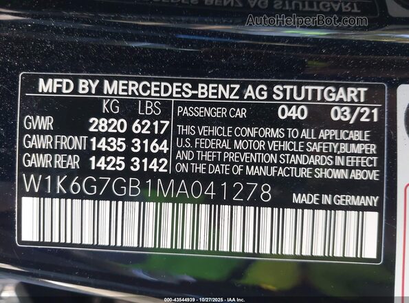 W1K6G7GB1MA041278 2021 MERCEDES-BENZ S-CLASS Черный 