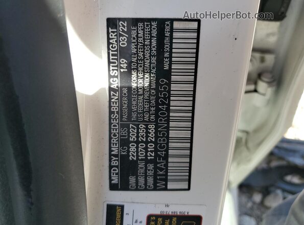 W1KAF4GB5NR042559 2022 MERCEDES-BENZ C White Vista de la etiqueta del VIN