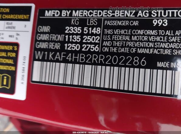 W1KAF4HB2RR202286 2024 MERCEDES-BENZ C-CLASS Красный 