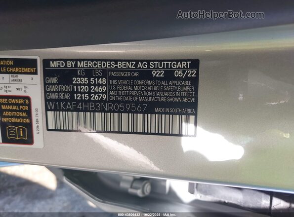 W1KAF4HB3NR059567 2022 MERCEDES-BENZ C-CLASS Silver 