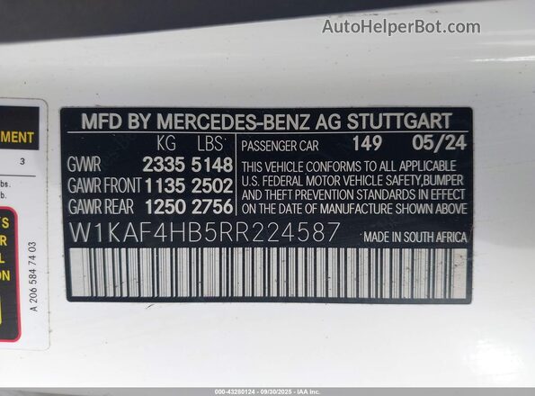 W1KAF4HB5RR224587 2024 MERCEDES-BENZ C-CLASS Белый 